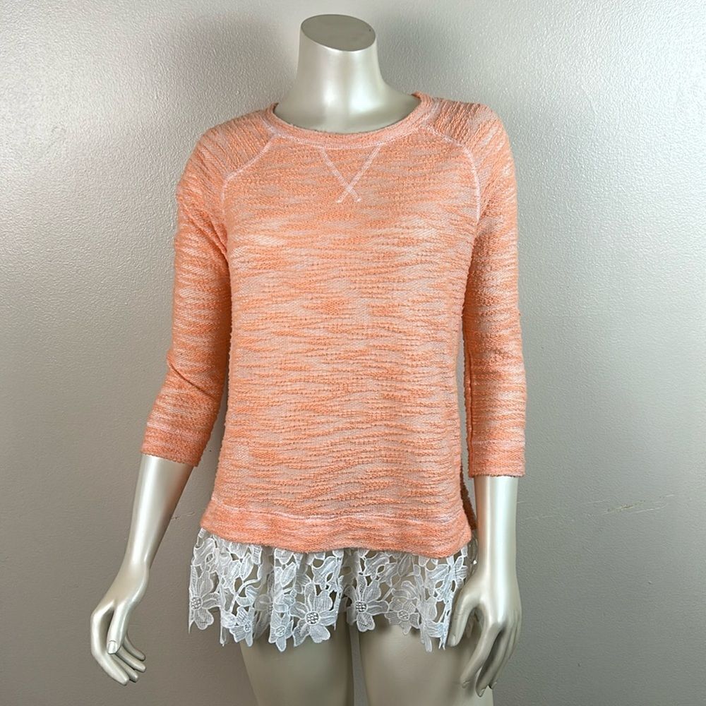 Sunday In Brooklyn Anthropologie Orange White Lace Hem Pullover Sweater Small XS